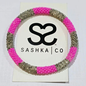 Sashka Co Pink and Gray Glass Bead Bracelet NWT